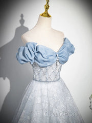 A-Line Off Shoulder Tulle Lace Beads Blue Long Evening Prom Dress, Blue Long Formal Dress