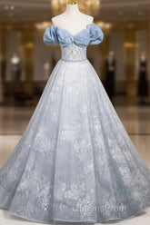 A-Line Off Shoulder Tulle Lace Beads Blue Long Evening Prom Dress, Blue Long Formal Dress