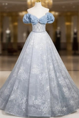 A-Line Off Shoulder Tulle Lace Beads Blue Long Evening Prom Dress, Blue Long Formal Dress