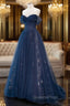 A-Line Off Shoulder Tulle Lace Dark Blue Long Evening Prom Dress