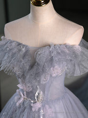 A-Line Off Shoulder Tulle Lace Gray Blue Long Prom Dress, Gray Blue Long Formal Dress