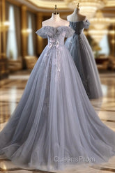 A-Line Off Shoulder Tulle Lace Gray Blue Long Evening Prom Dress, Gray Blue Long Evening Dress