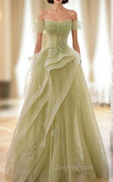 A-Line Off Shoulder Tulle Lace Green Long Evening Prom Dress, Green Long Graduation Dress