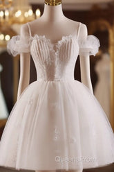 A-Line Off Shoulder Tulle Lace Light Champagne Short Evening Prom Dress