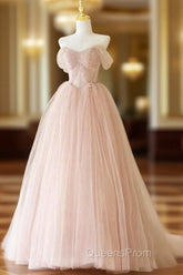 A-Line Off Shoulder Tulle Lace Pink Long Evening Prom Dress, Pink Long Evening Dress