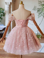 A-Line Off Shoulder Tulle Lace Pink Short Evening Prom Dress, Pink Homecoming Dress