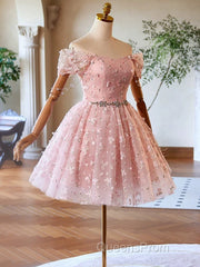 A-Line Off Shoulder Tulle Lace Pink Short Evening Prom Dress, Pink Homecoming Dress