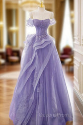 A-Line Off Shoulder Tulle Lace Purple Long Evening Prom Dress, Purple Lace Long Evening Dress