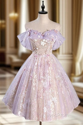 A-Line Off Shoulder Tulle Lace Purple Short Evening Prom Dress, Cute Purple Homecoming Dress