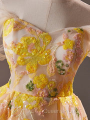 A-Line Off Shoulder Tulle Lace Short Yellow Evening Prom Dress, Yellow Homecoming Dress