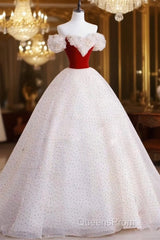 A-Line Off Shoulder Tulle Light Champagne Long Evening Prom Dress, Light Champagne Evening Dress