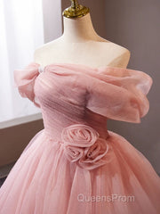 A-Line Off Shoulder Tulle Pink Long Evening Prom Dress, Pink Long Formal Dress