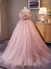 A-Line Off Shoulder Tulle Pink Long Evening Prom Dress, Pink Long Formal Dress