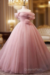 A-Line Off Shoulder Tulle Pink Long Evening Prom Dress, Pink Long Formal Dress