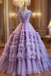 A-Line Off Shoulder Tulle Purple Long Evening Prom Dress, Purple Long Evening Dress