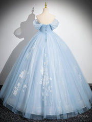 A-Line Off Shoulder Tulle Sequin Blue Long Prom Dress, Blue Sweet 16 Dress