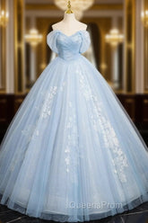 A-Line Off Shoulder Tulle Sequin Blue Long Evening Prom Dress, Blue Sweet 16 Dress