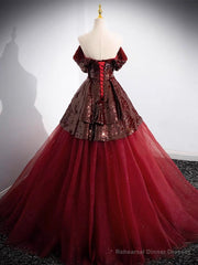 A-Line Off Shoulder Tulle Sequin Burgundy Long Prom Dress, Burgundy Evening Dress
