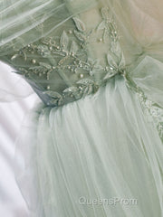 A-Line Off Shoulder Tulle Sequin Green Long Evening Prom Dress, Green Formal Dress