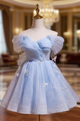 A-Line Off Shoulder Tulle Short Blue Evening Prom Dress, Cute Blue Homecoming Dress