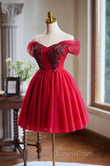 A-Line Off Shoulder V Neck Tulle Burgundy Short Evening Prom Dress With Beads