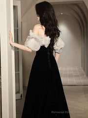 A-Line Off Shoulder Velvet Black Long Prom Dress, Black Long Evening Dress