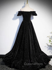 A-Line Off Shoulder Velvet Black Long Evening Prom Dress, Black Evening Dress