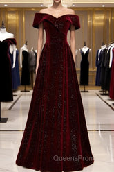 A-Line Off Shoulder Velvet Burgundy Long Evening Prom Dress, Burgundy Long Evening Dress