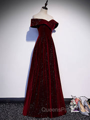 A-Line Off Shoulder Velvet Burgundy Long Evening Prom Dress, Burgundy Long Evening Dress