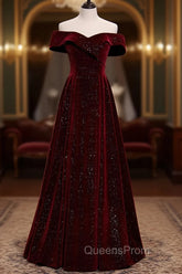A-Line Off Shoulder Velvet Burgundy Long Evening Prom Dress, Burgundy Long Evening Dress
