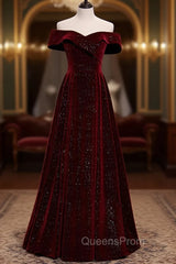 A-Line Off Shoulder Velvet Burgundy Long Evening Prom Dress, Burgundy Long Evening Dress