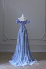 A Line Off The Shoulder Blue Long Evening Prom Dress Evening Dress