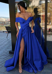 A-line Off-the-Shoulder Cap Straps Sweep Train Satin Prom Dresses With Pleated Split