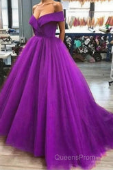 A Line Off The Shoulder Purple Tulle Evening Prom Dress Long Evening Gown
