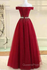 A-Line Off The Shoulder Red Tulle Evening Prom Dress Evening Dress With Beading,