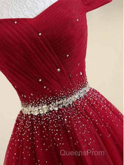 A-Line Off The Shoulder Red Tulle Evening Prom Dress Evening Dress With Beading,