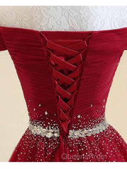 A-Line Off The Shoulder Red Tulle Evening Prom Dress Evening Dress With Beading,