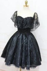 A-Line Off The Shoulder Short Black Lace Homecoming Dress