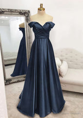 A-line Off-the-Shoulder Sleeveless Long/Floor-Length Satin Prom Dresses With Pleated