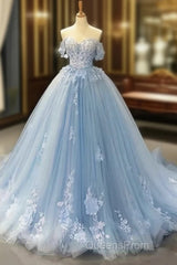 A-Line Off-The-Shoulder Sweetheart Sweep Train Tulle Evening Prom Dress, Sky Blue Applique Wedding Dress