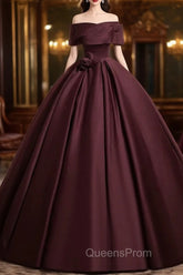 A-Line Off the Shoulders Satin Maroon Long Evening Prom Dress, Maroon Long Evening Dress