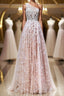 A Line One Shoulder Pink Lace Long Evening Prom Dress, Pink Lace Formal Dress, Pink Evening Dress