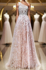 A Line One Shoulder Pink Lace Long Evening Prom Dress, Pink Lace Formal Dress, Pink Evening Dress