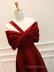 A-Line One Shoulder Satin Burgundy Long Evening Prom Dress, Burgundy Long Formal Dress