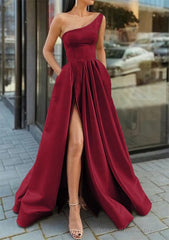 A-line One-Shoulder Sleeveless Long/Floor-Length Satin Prom Dresses With Ruffles Split