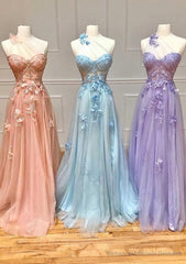A-line One-Shoulder Sleeveless Long/Floor-Length Tulle Prom Dresses with Appliqued Split