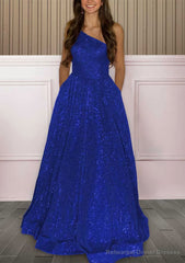 A-line One-Shoulder Sleeveless Sweep Train Sequined Prom Dresses with Pockets