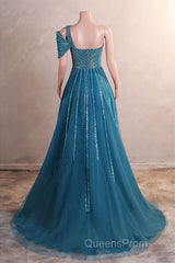 A-Line One Shoulder Tulle Beaded Long Evening Prom Dress Elegant Evening Gown