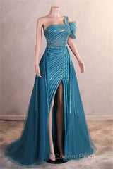 A-Line One Shoulder Tulle Beaded Long Evening Prom Dress Elegant Evening Gown