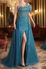 A-Line One Shoulder Tulle Beaded Long Evening Prom Dress Elegant Evening Gown